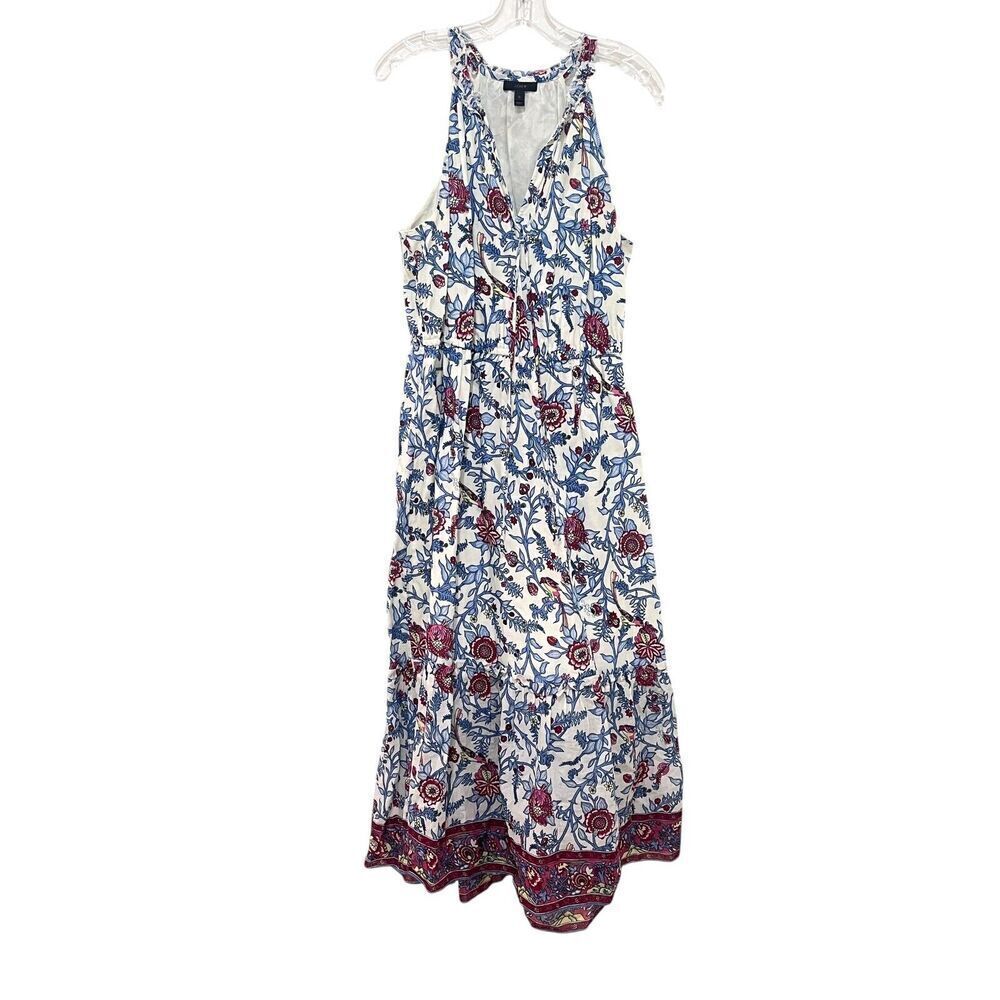 J. Crew Gulp Floral Bird Printed Midi Dress boho Cotton tiered SZ 12 - Picture 2 of 10